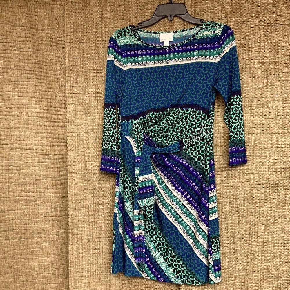 Donna Morgan geo print boatneck dress blue green colors
